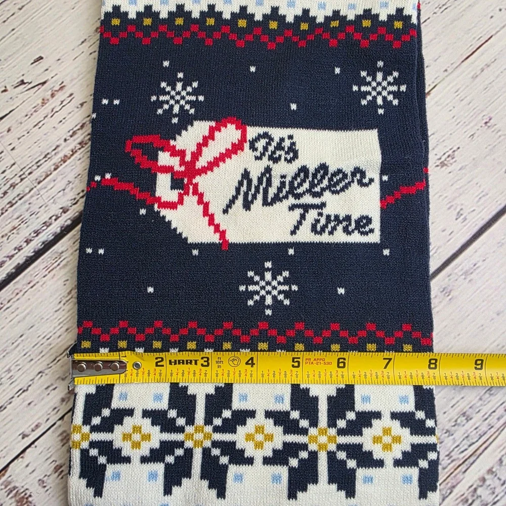 Miller Lite Beer Ugly Christmas Scarf Navy Blue Fair Isle Its Miller Time Fringe